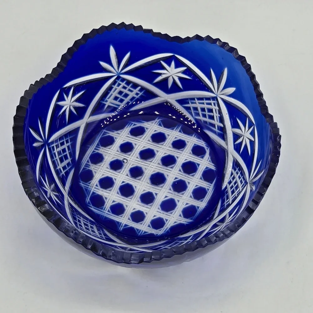 Vintage Bohemian cobalt cut to clear crystal mini bowl Antique Art Deco